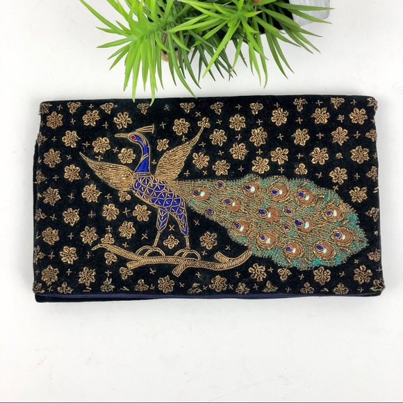 Vintage Handbags - Vintage Velvet Peacock Embellished Clutch